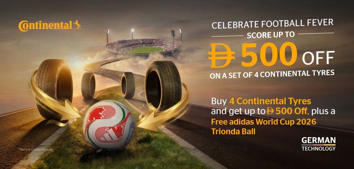 Buy 4 Continental Tyres and get up to 500 Off, plus a free adidas World Cup 2026 Trionda Ball