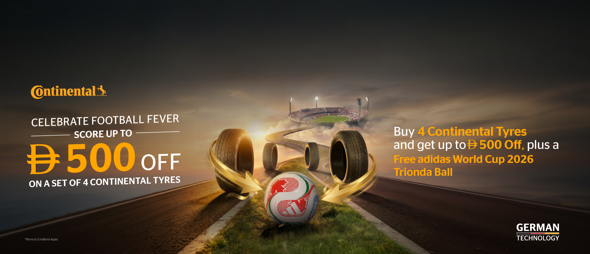 Buy 4 Continental Tyres and get up to 500 Off, plus a free adidas World Cup 2026 Trionda Ball